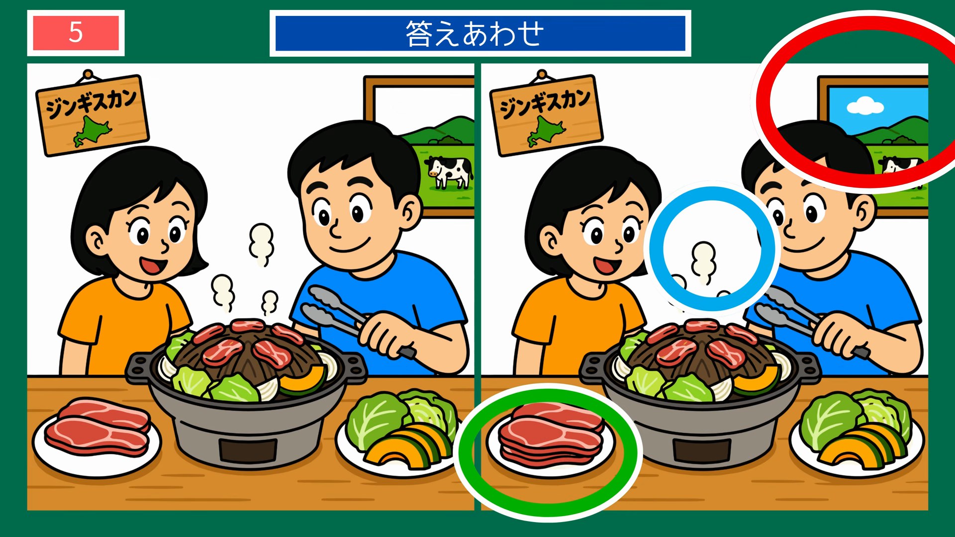 北海道クイズ間違い探し 第5問 ジンギスカン(北海道の焼き肉)の答え