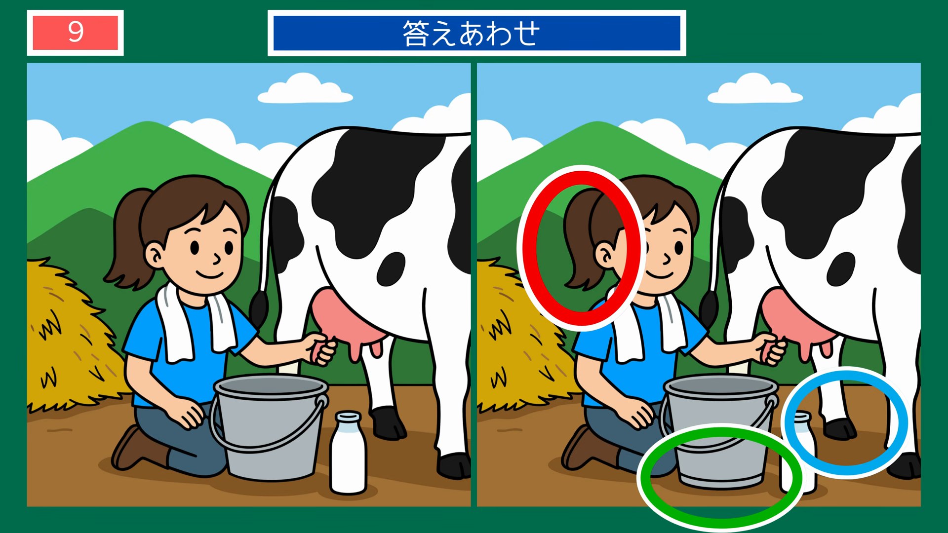 北海道クイズ間違い探し 第9問 牧場での乳しぼりの答え