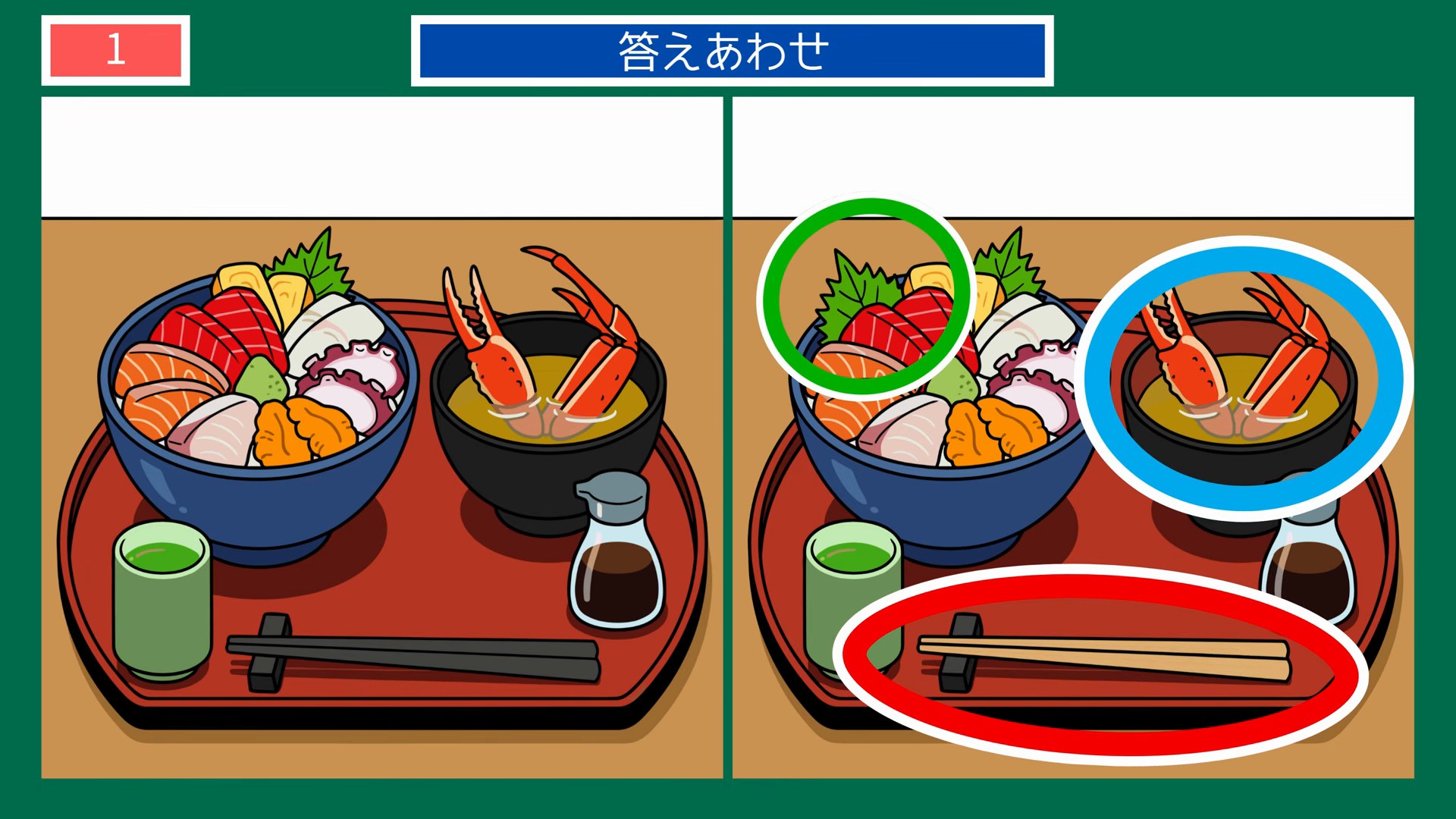 北海道クイズ間違い探し 第1問 海鮮丼とかにみそ汁定食の答え