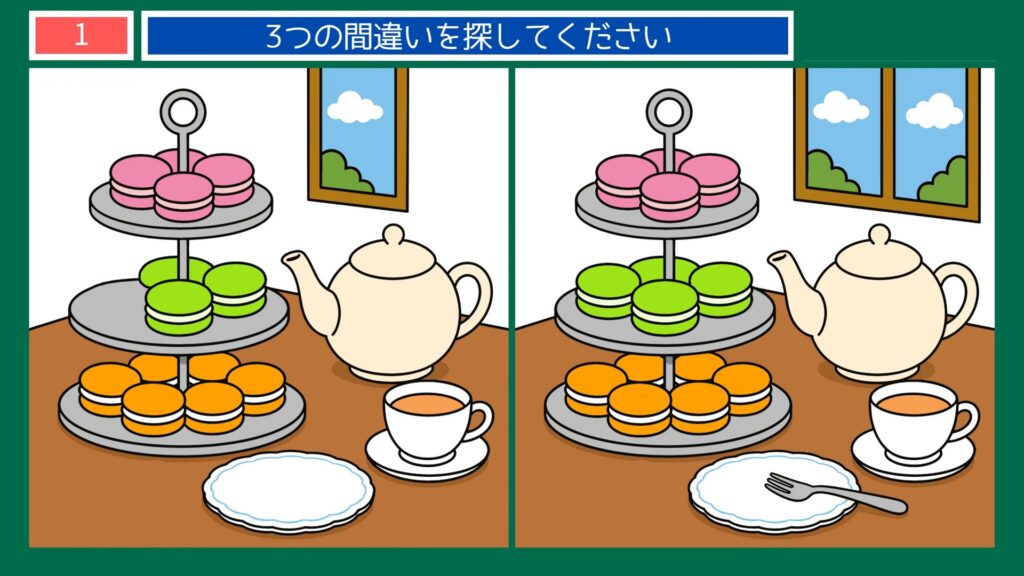 一日のくらしの間違い探し 第1問 マカロンとお茶の時間の問題イラスト