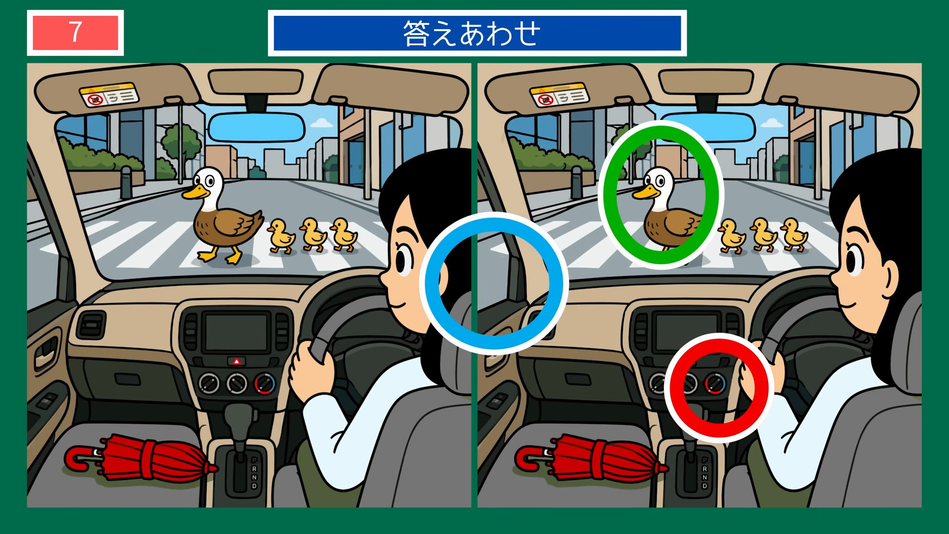 生きもの・動物の間違い探し 第7問 カルガモの親子と車の答え
