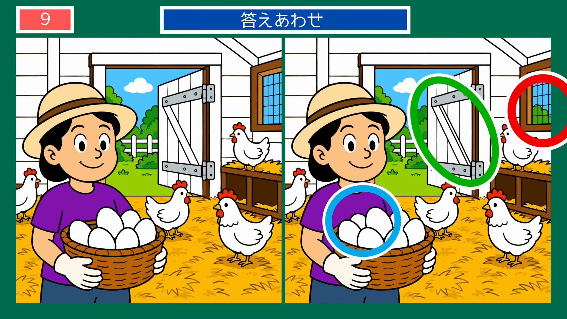 生きもの・動物の間違い探し 第9問 にわとり小屋でたまご集めの答え