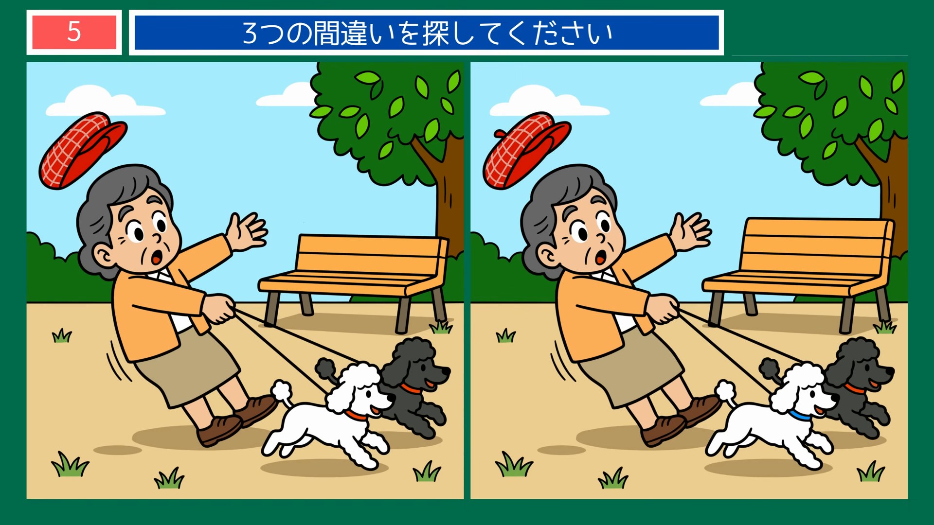 生きもの・動物の間違い探し 第5問 プードルのお散歩の問題イラスト