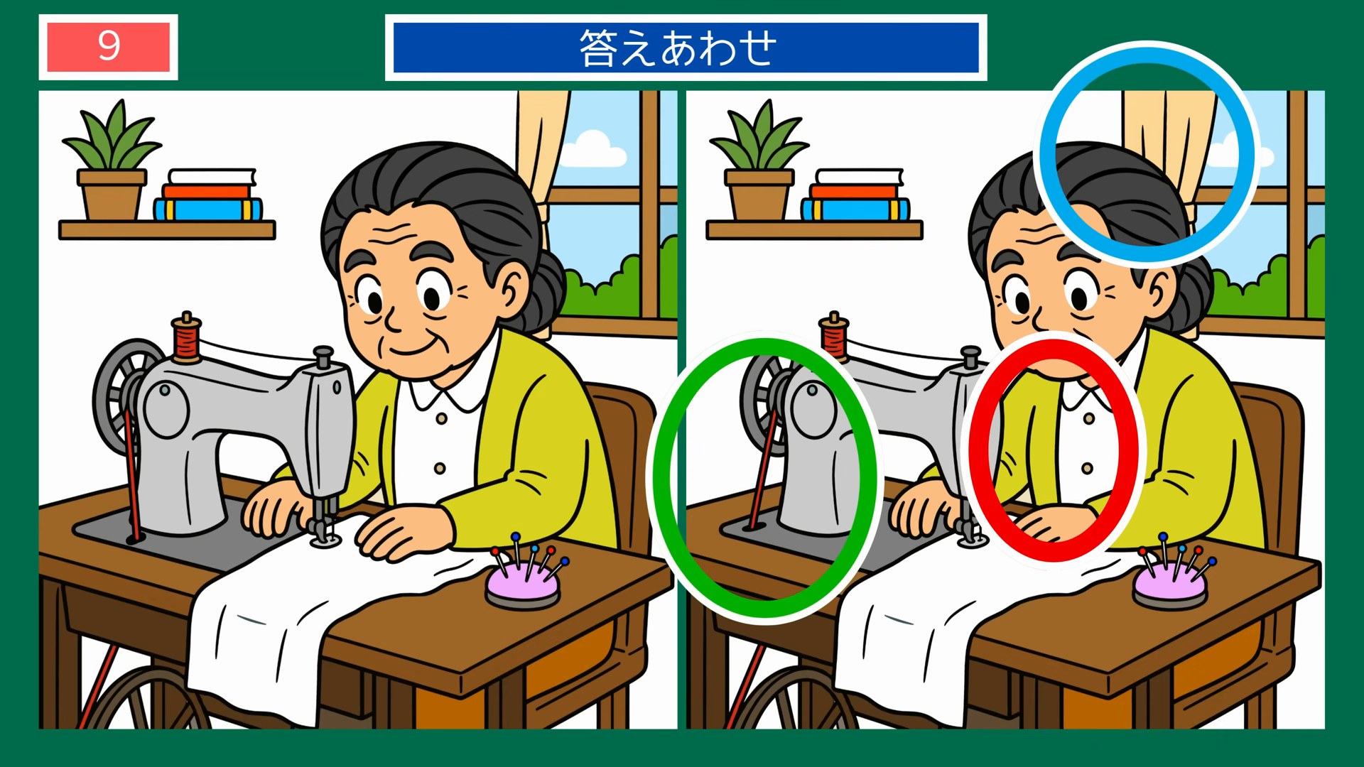 家族のくらし間違い探し【無料プリント】全 第8問 ミシンで裁縫の答え