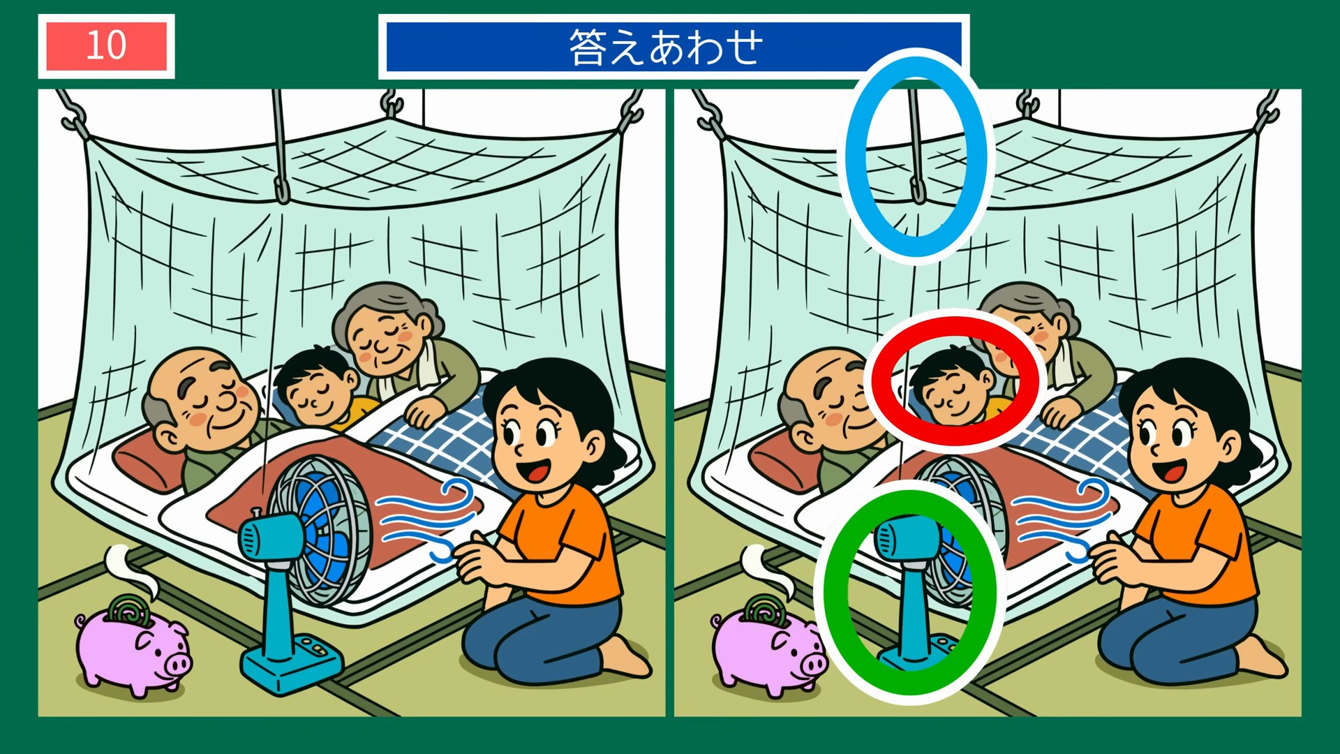 家族のくらし間違い探し【無料プリント】全 第9問 夏の夜の団らんの答え