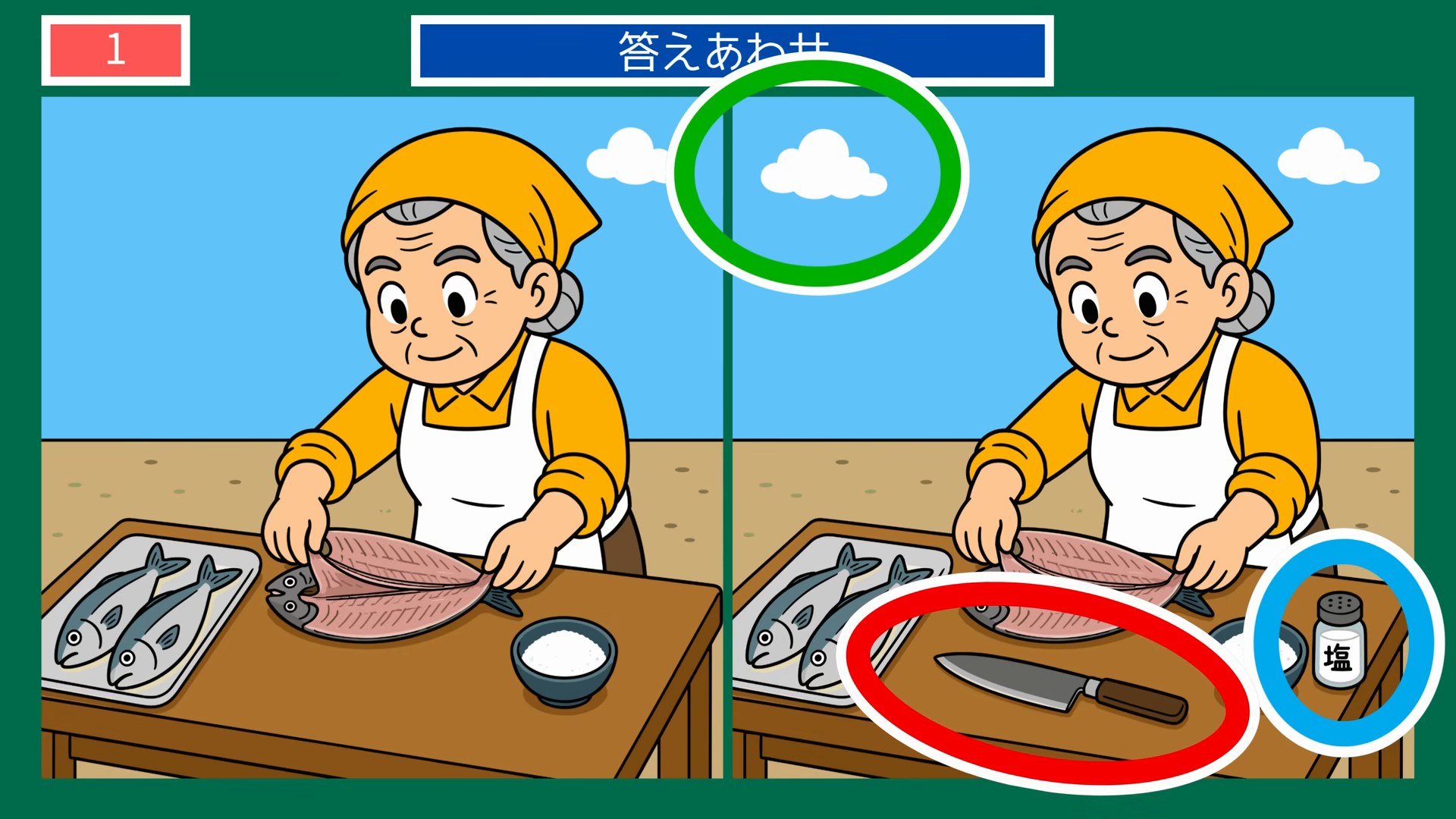 家族のくらし間違い探し【無料プリント】全 第1問 魚をさばく準備の答え