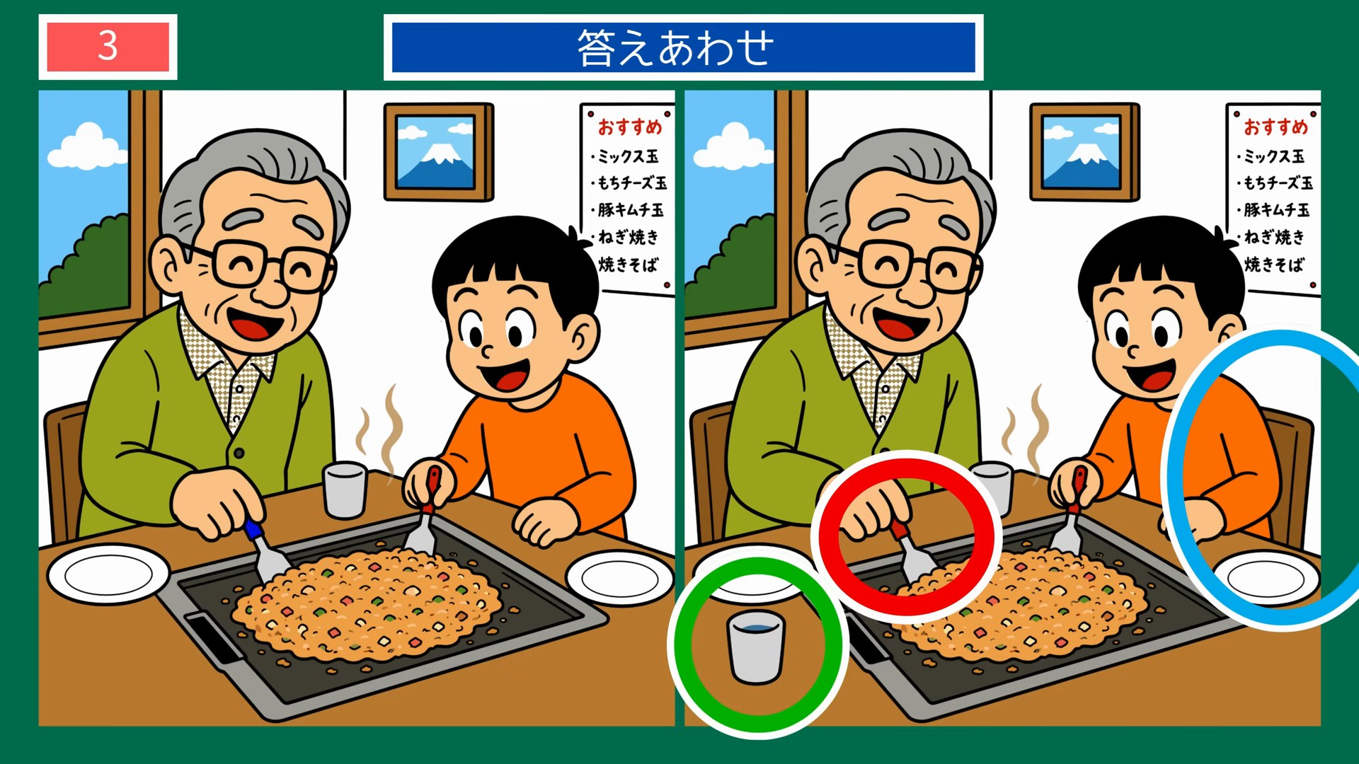 家族のくらし間違い探し【無料プリント】全 第2問 もんじゃ焼き作りの答え