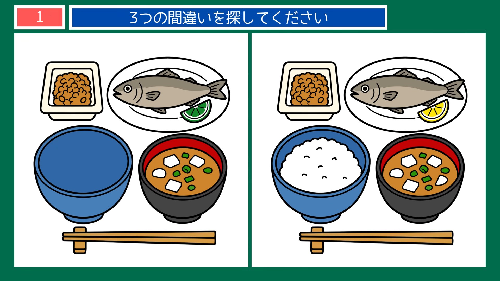 健康づくりの間違い探し 第1問 朝の和定食の問題イラスト