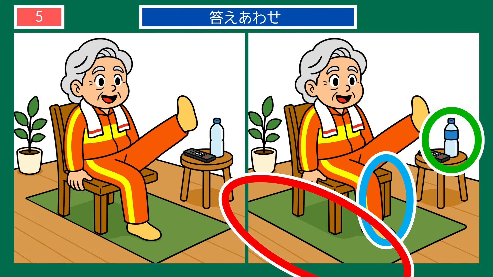 健康づくりの間違い探し 第5問 いすに座って足上げ体操の答え