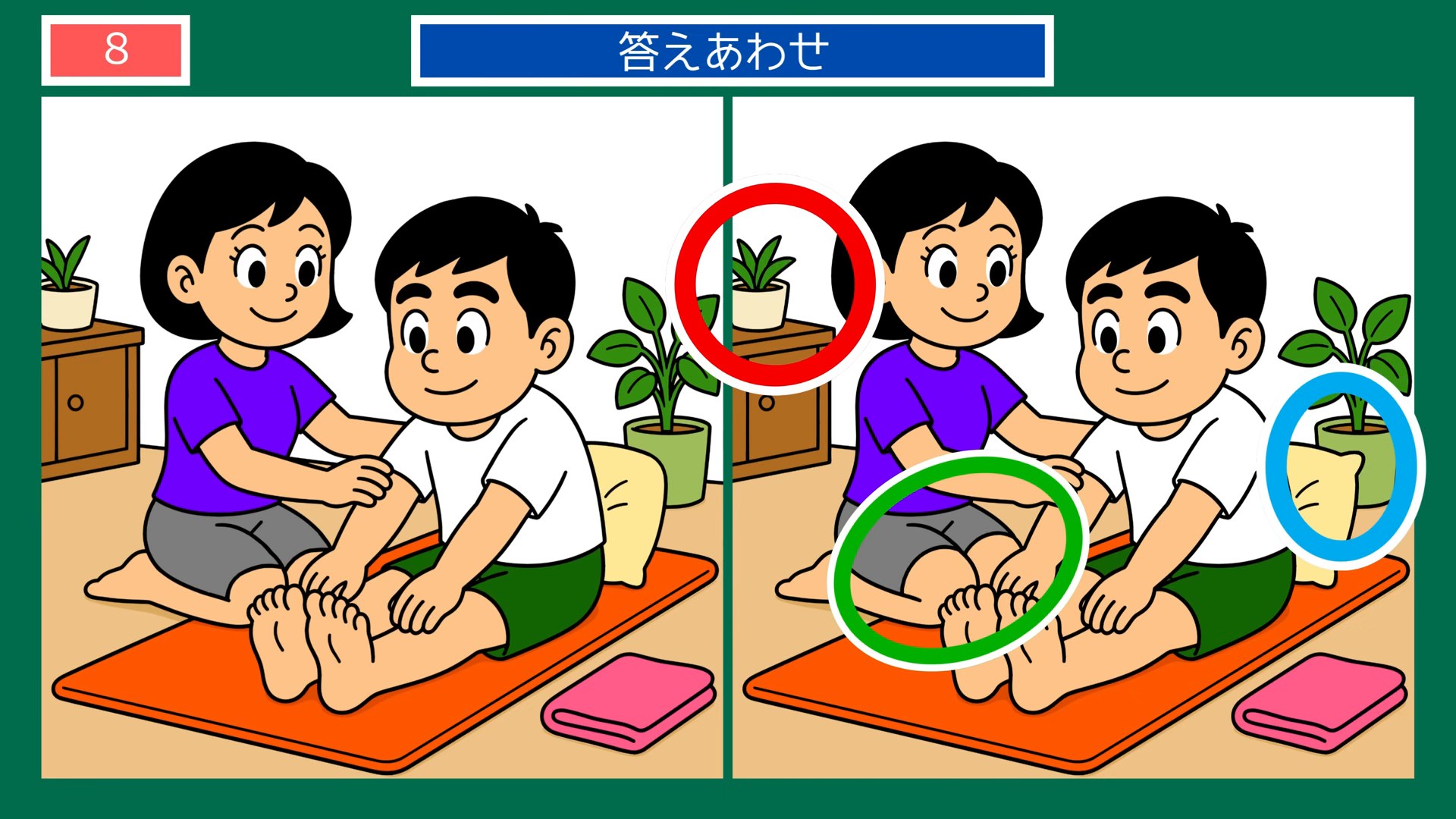 健康づくりの間違い探し 第8問 足のストレッチのお手伝いの答え