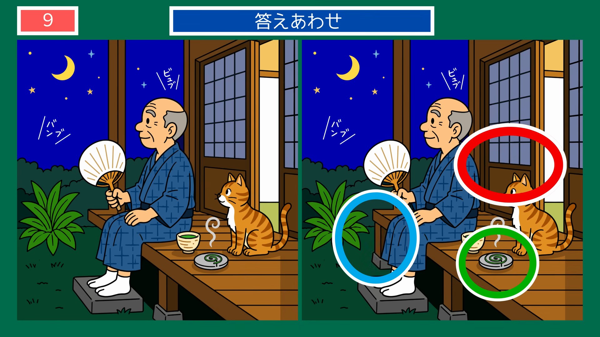 季節のくらしの間違い探し 第9問 縁側で涼む老人と猫の答え