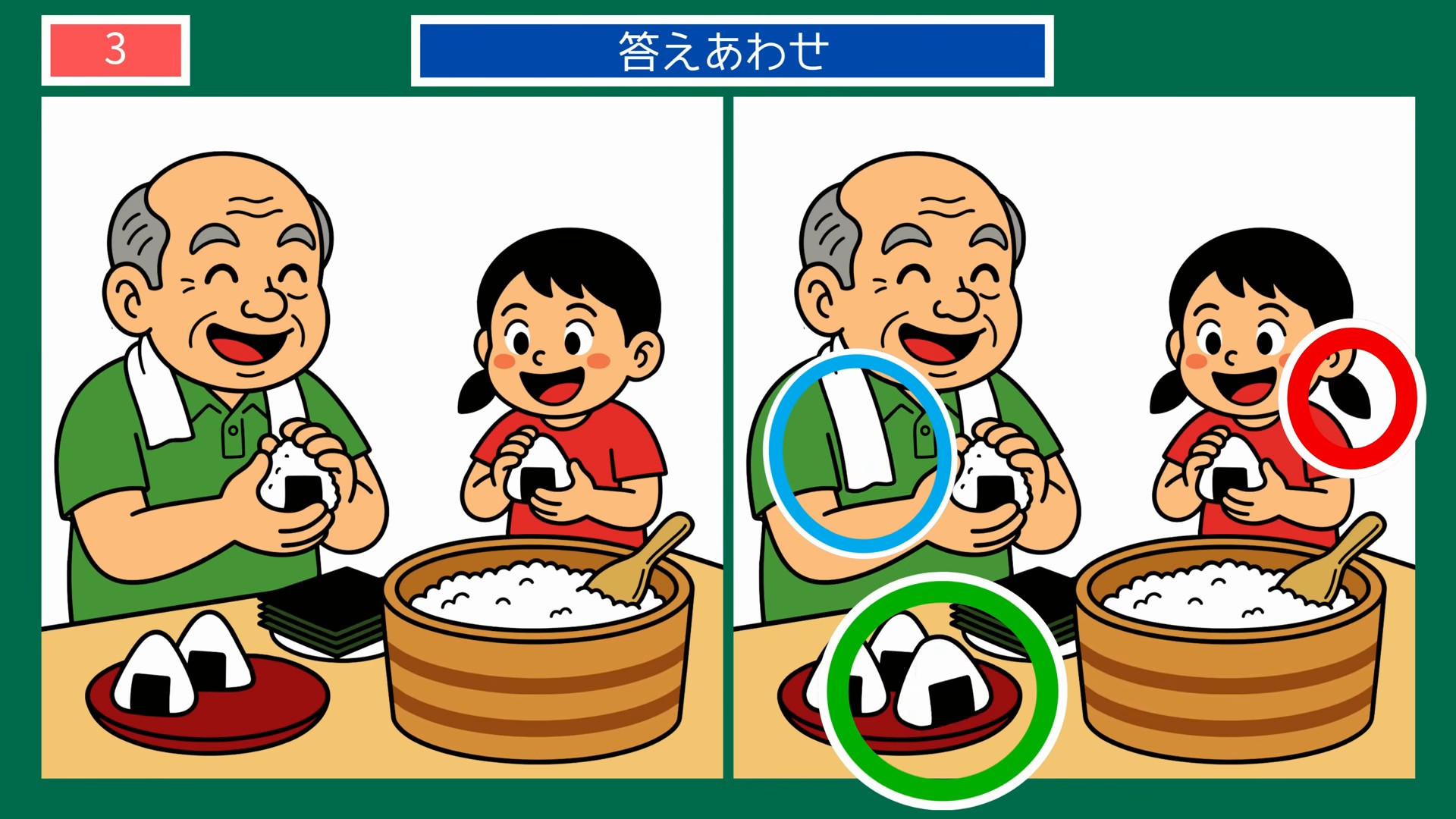 季節のくらしの間違い探し 第3問 おにぎりを握る祖父と孫の答え