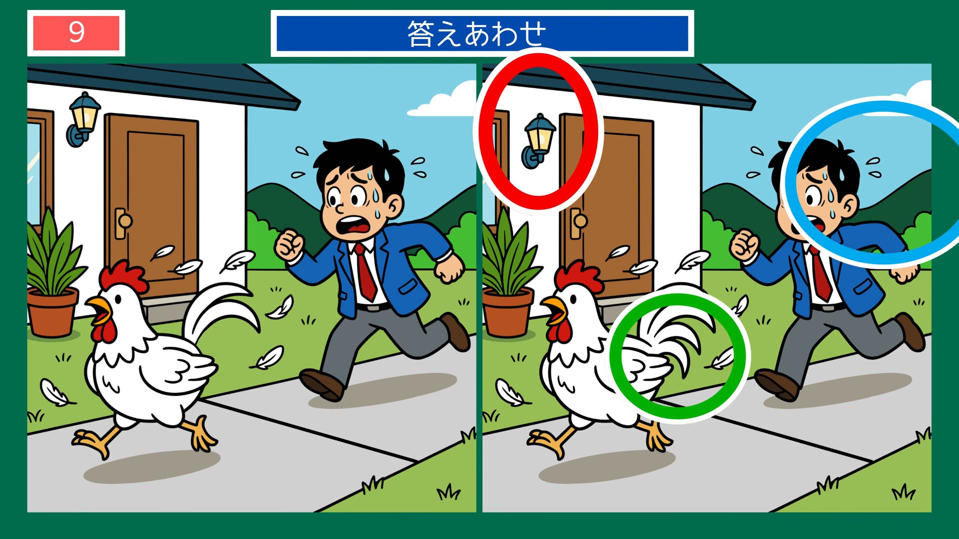 くらしの場面の間違い探し 第9問 ニワトリに追われての答え