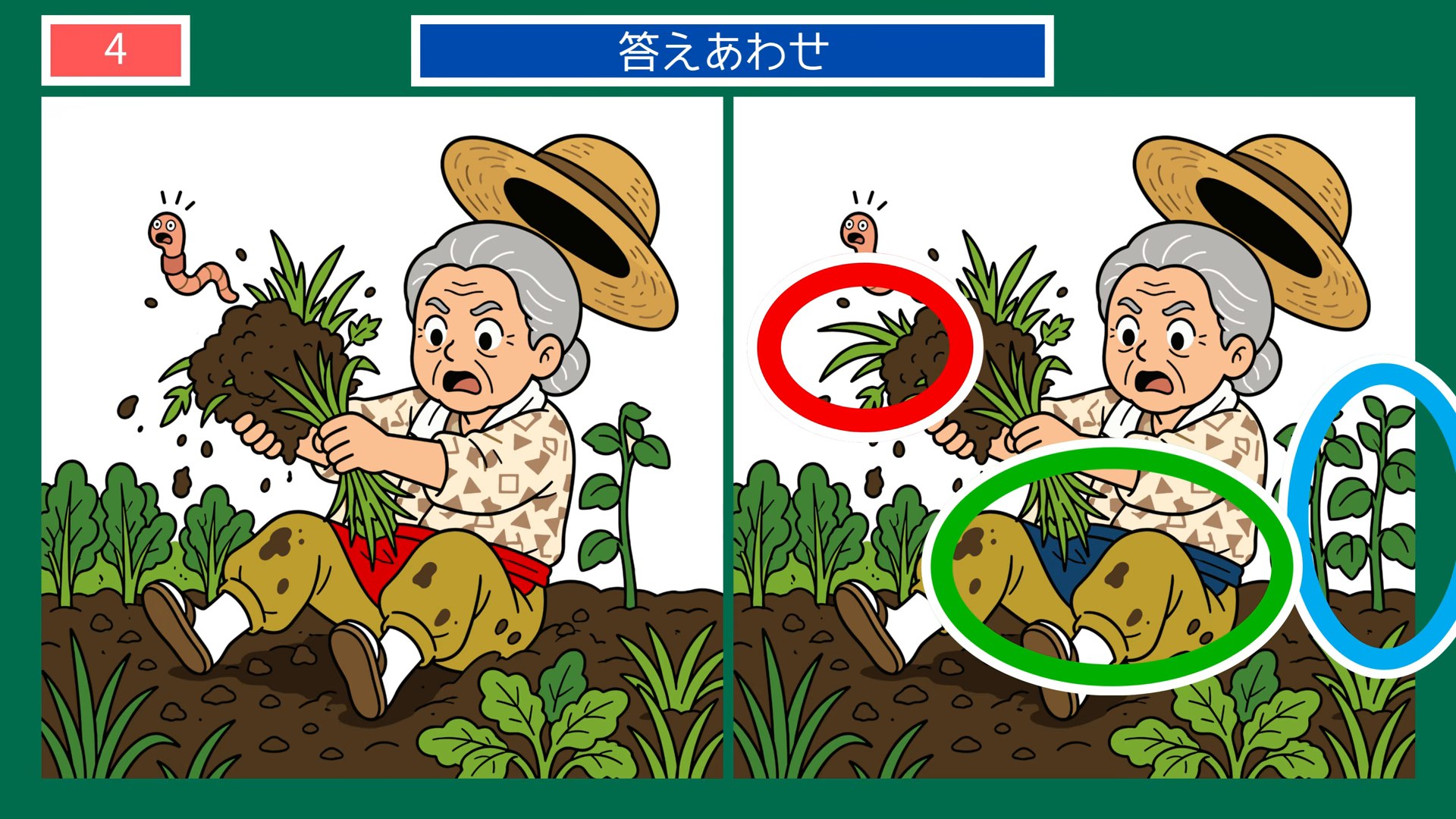 くらしの場面の間違い探し 第4問 畑の草取りの答え
