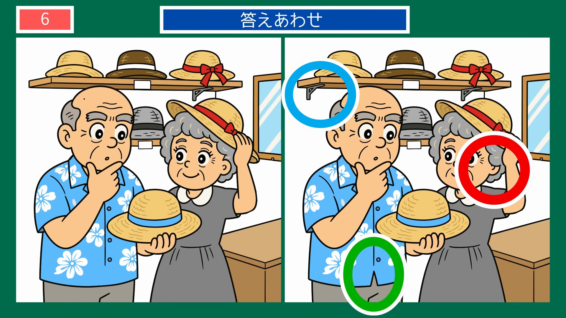 くらしのひとこま間違い探し【無料プリント 第6問 夫婦で帽子選びの答え