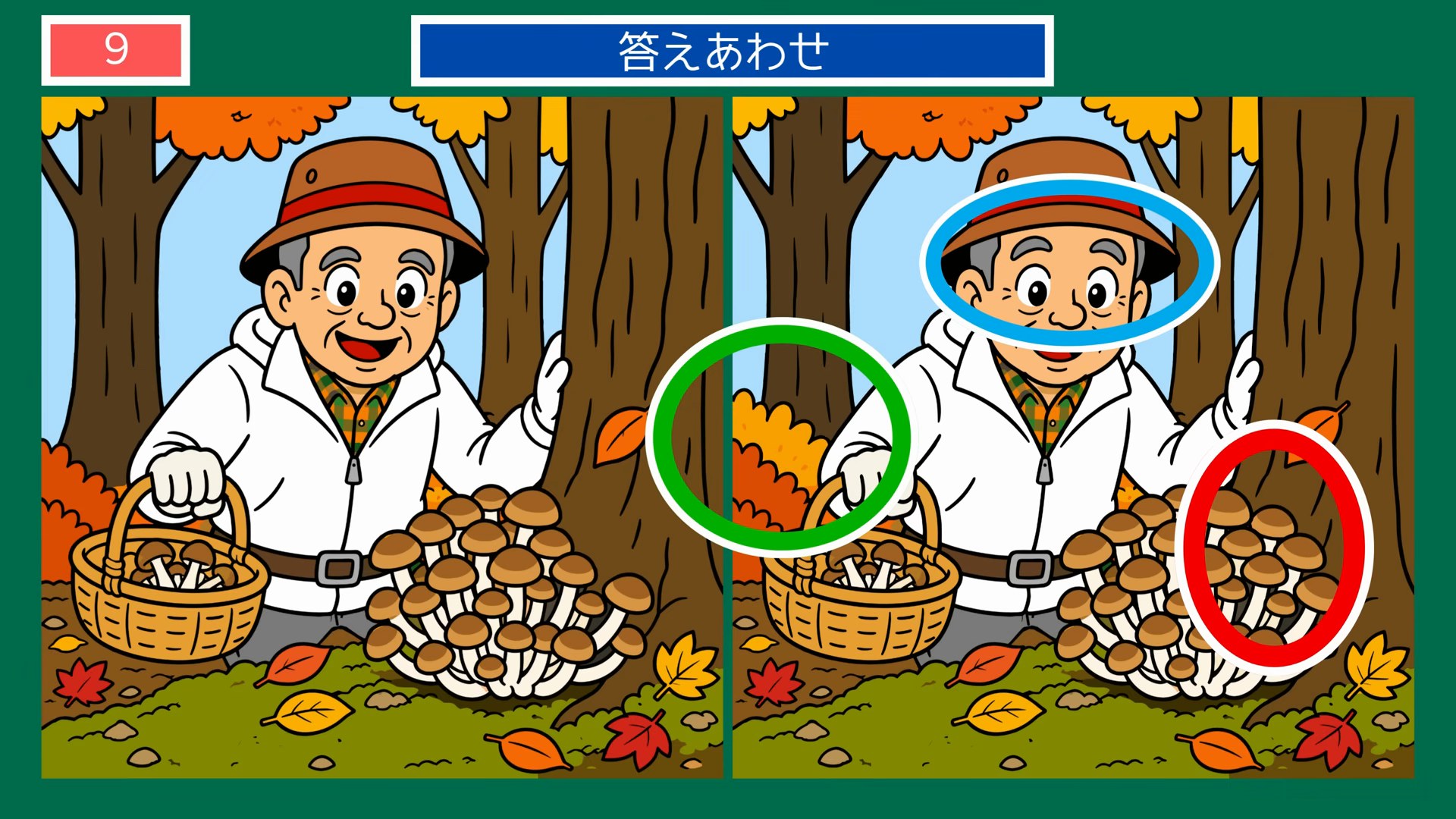 くらしのひとこま間違い探し【無料プリント 第9問 秋の森できのこ狩りの答え