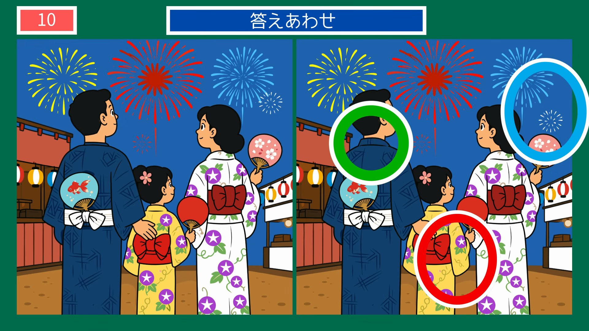 くらしのひとこま間違い探し【無料プリント 第10問 家族で楽しむ夏祭り花火の答え