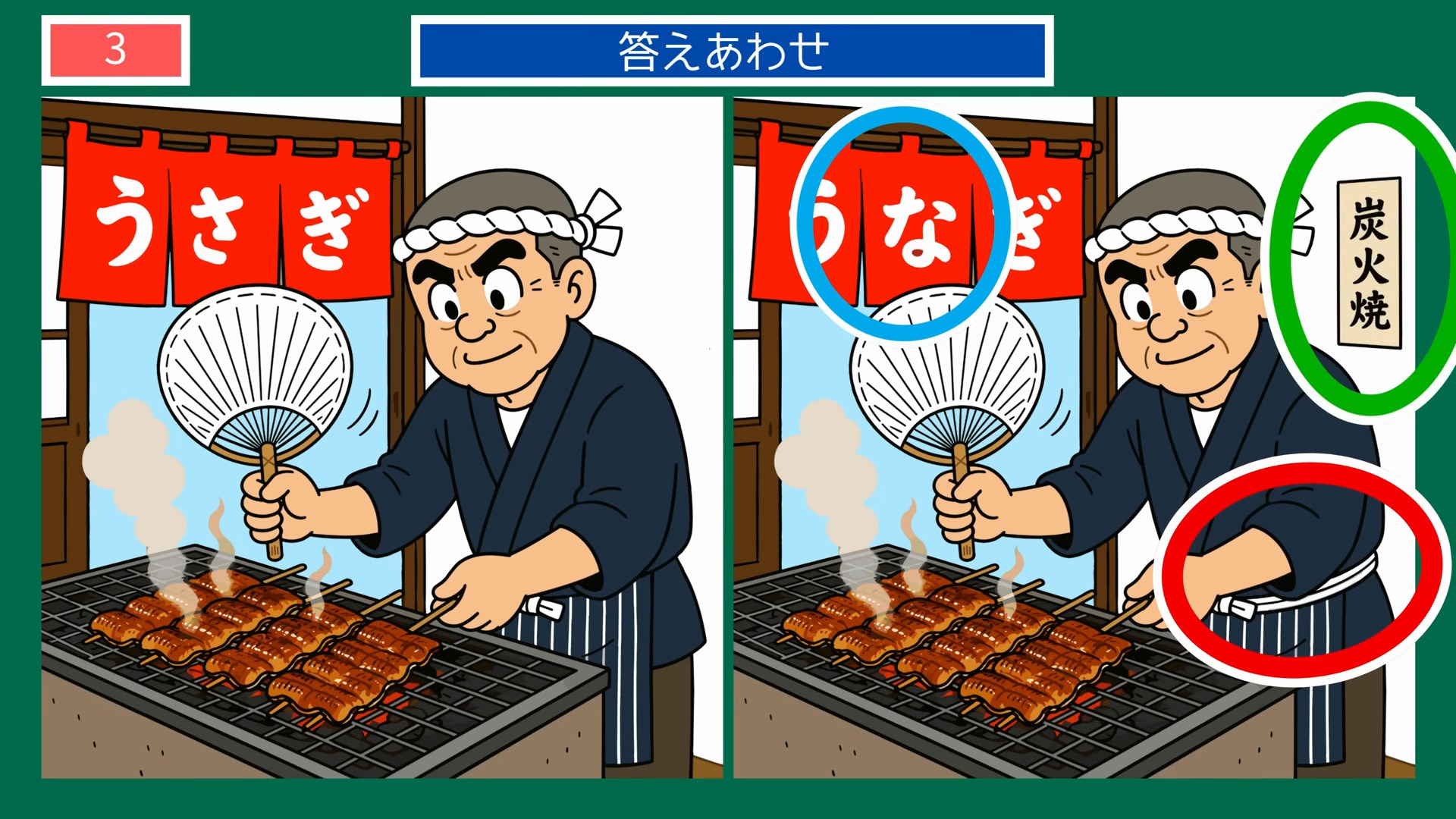 くらしのひとこま間違い探し【無料プリント 第3問 うなぎ屋の炭火焼きの答え
