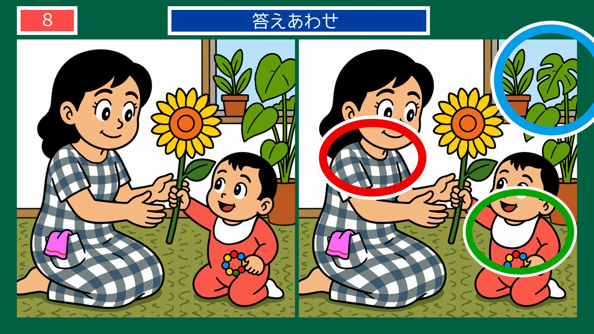 毎日のくらし間違い探し 第8問 ひまわりと親子のひとときの答え