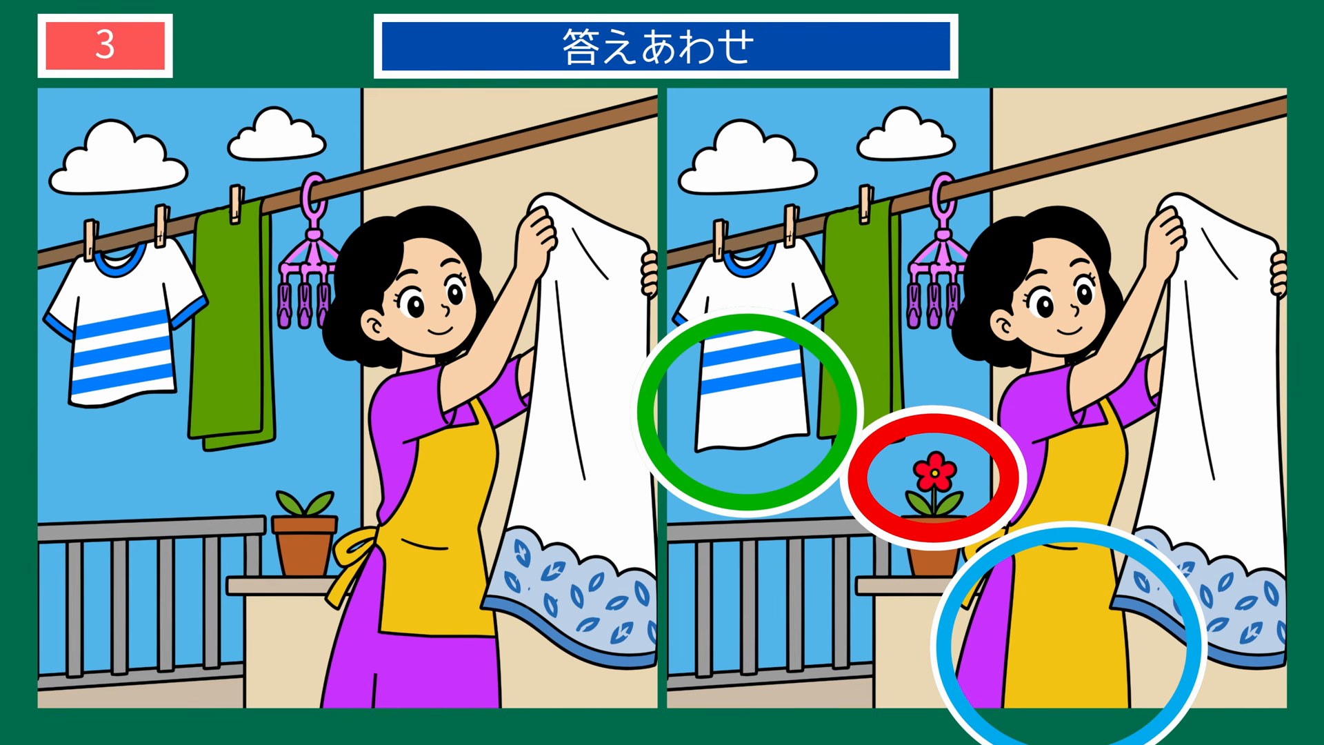 真夏のひとコマの間違い探 第3問 洗濯物を干すお母さんの答え