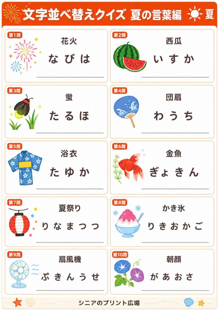 文字並べ替えクイズ 夏の言葉編 全10問