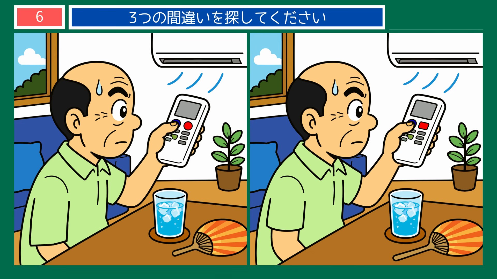 リモコン片手に暑さと格闘 の問題イラスト