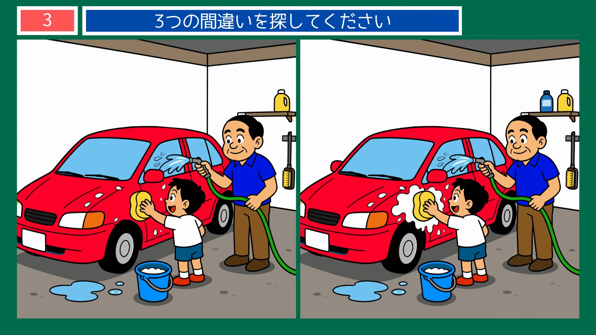 親子そろって洗車 の問題イラスト