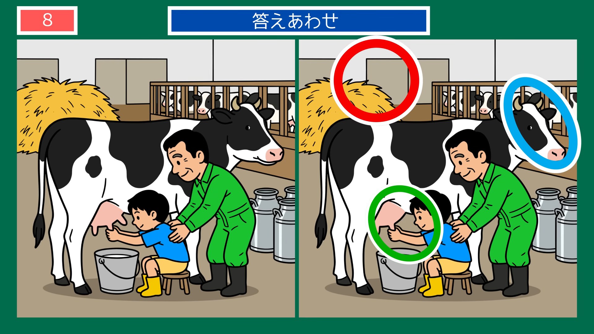夏の暮らしの間違い探し 第8問 牧場の乳しぼり体験の答え