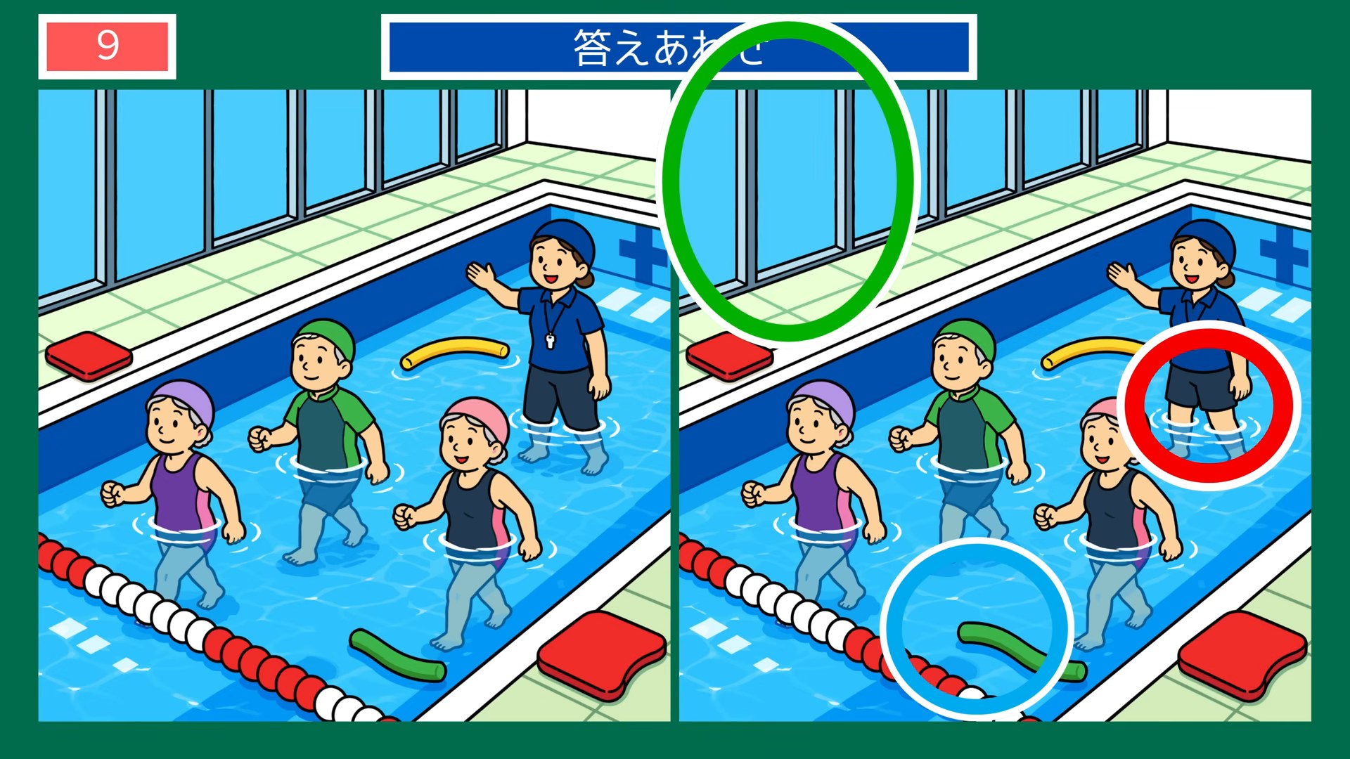 夏の暮らしの間違い探し 第9問 プールの水中歩きの答え