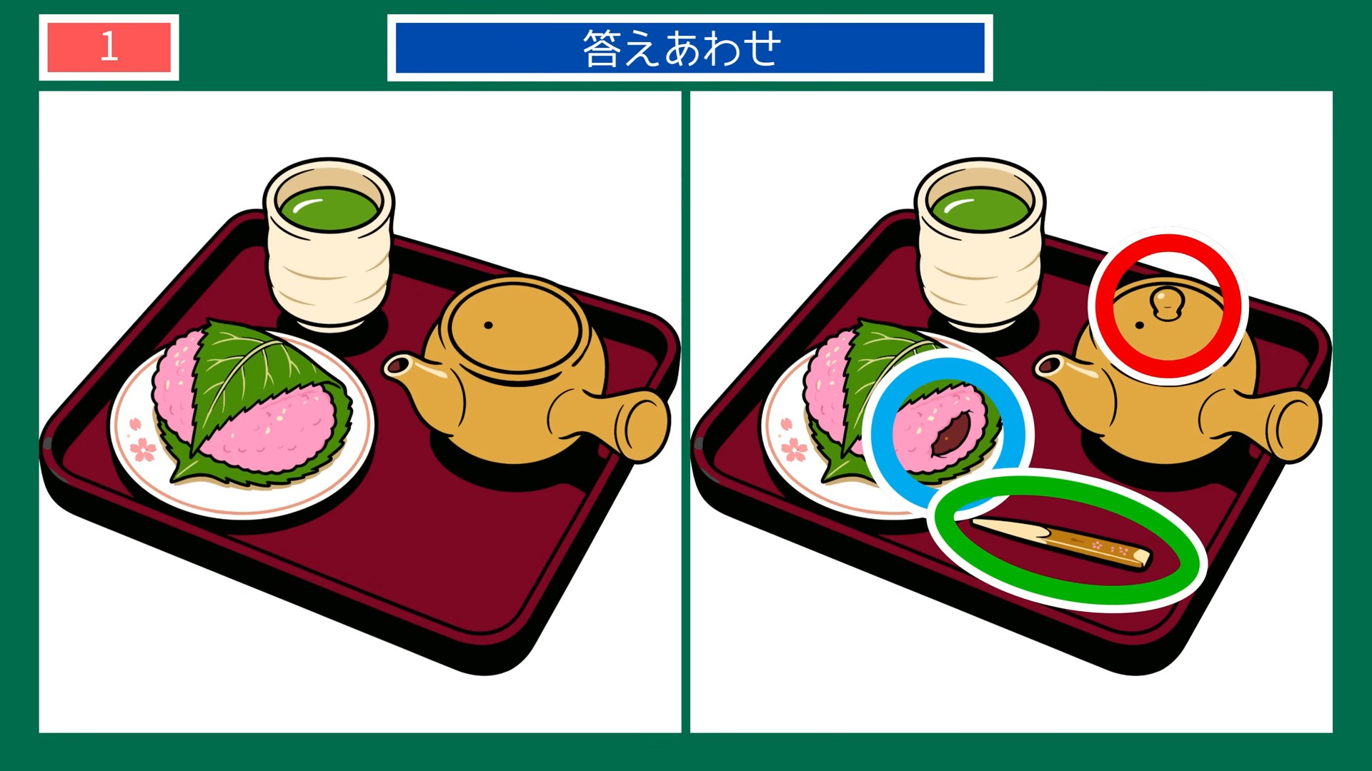 夏の暮らしの間違い探し 第1問 桜もちとお茶の答え