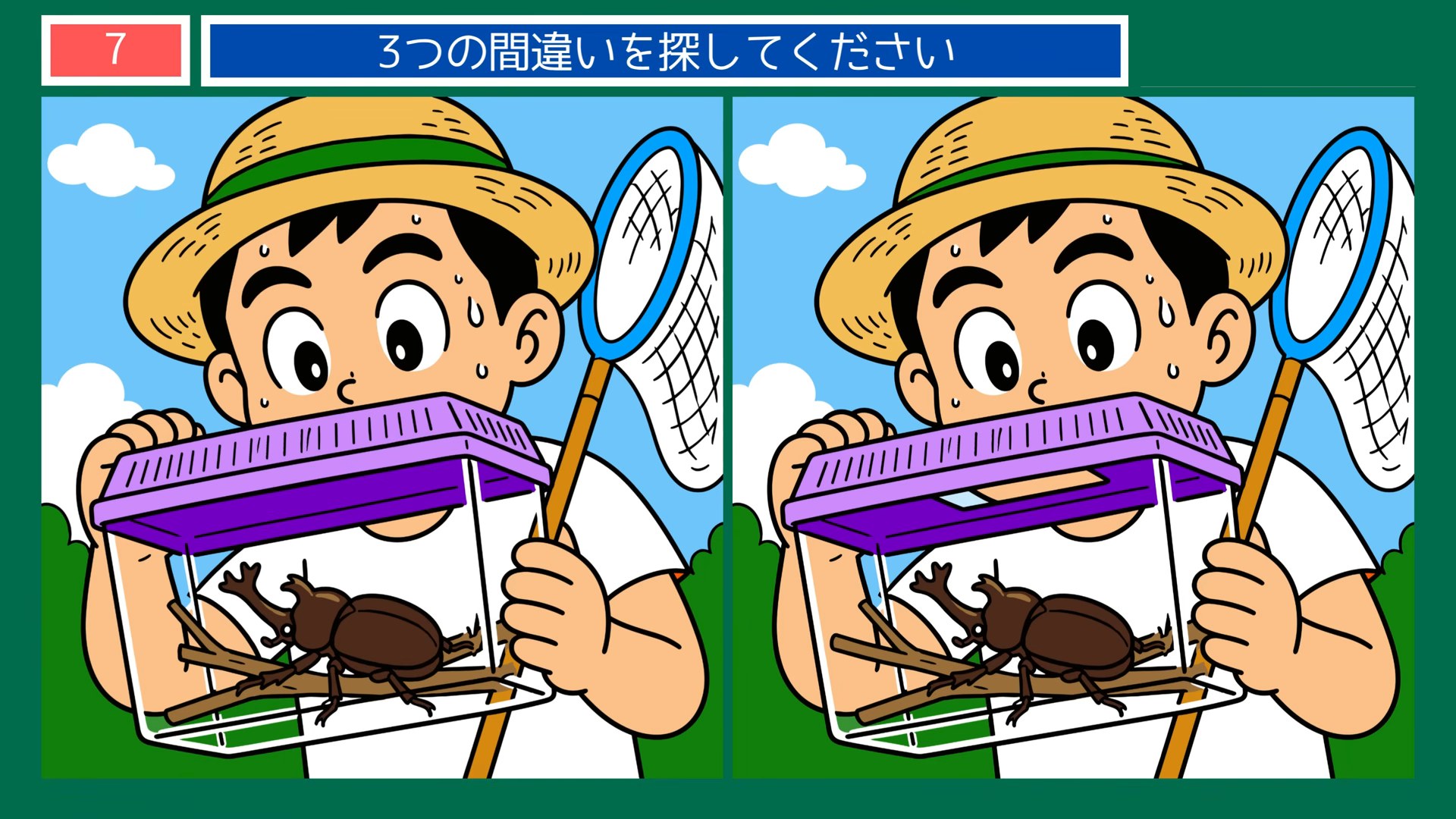 夏の暮らしの間違い探し 第7問 かぶと虫捕りの問題イラスト