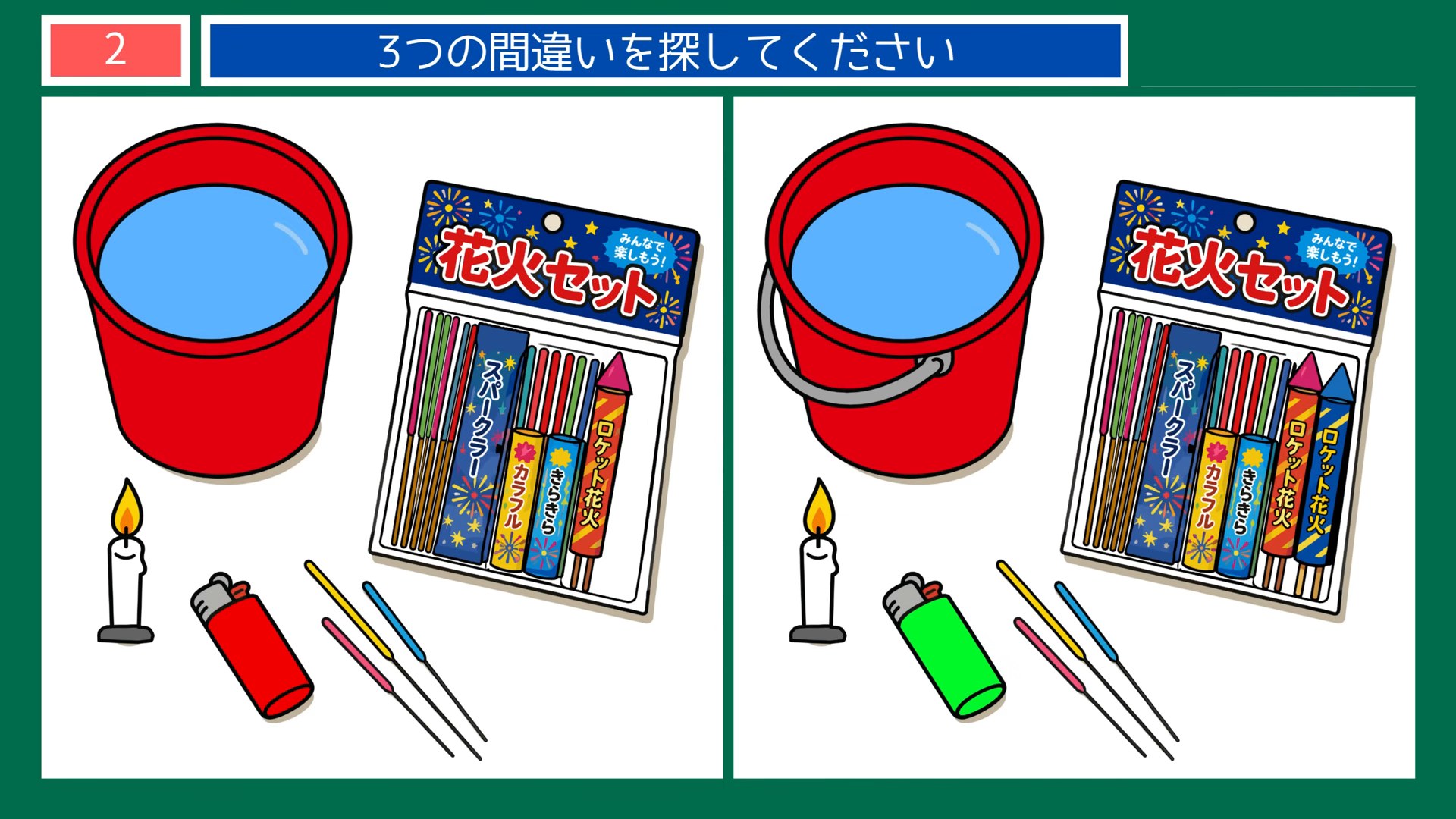 夏の暮らしの間違い探し 第2問 花火の支度の問題イラスト