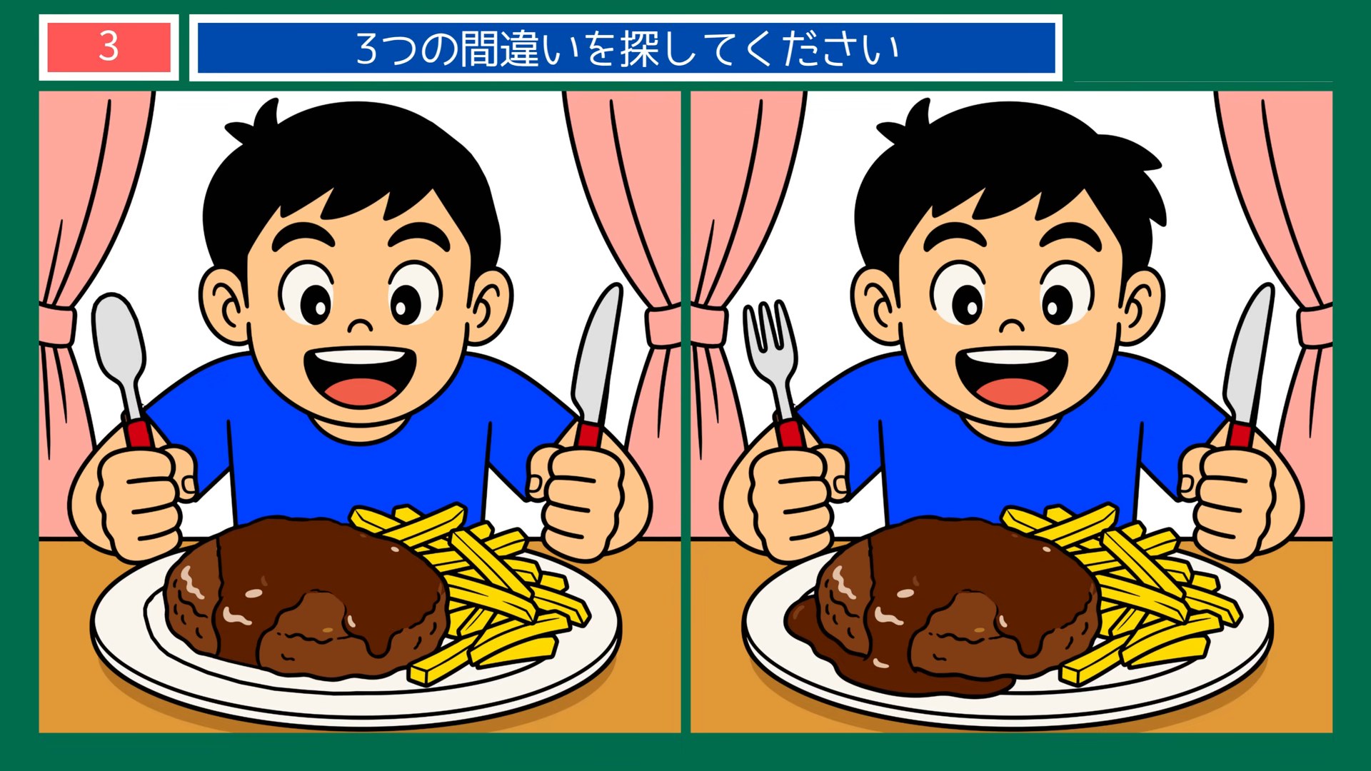 夏の暮らしの間違い探し 第3問 ハンバーグのごちそうの問題イラスト