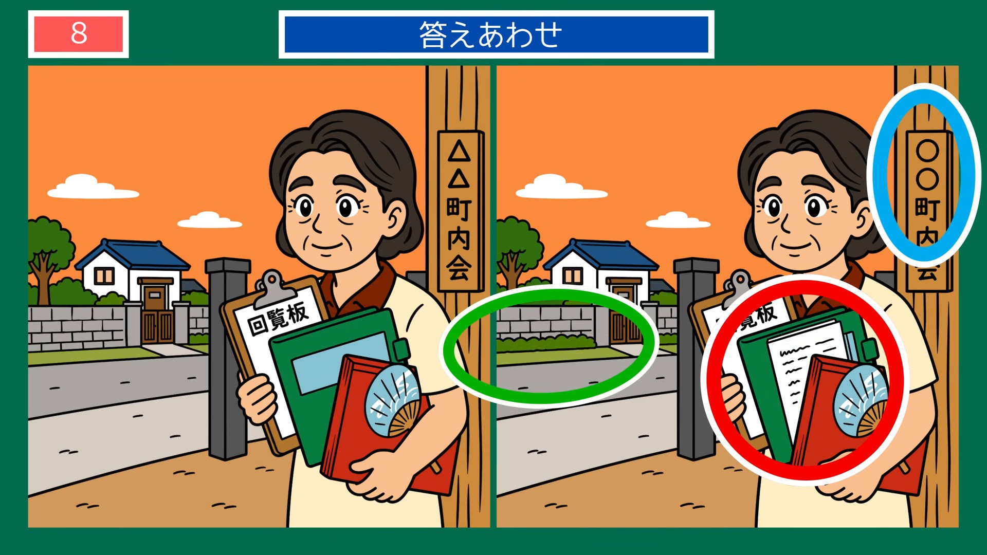 夏の風物詩の間違い探し 第8問 町内会の回覧板の答え