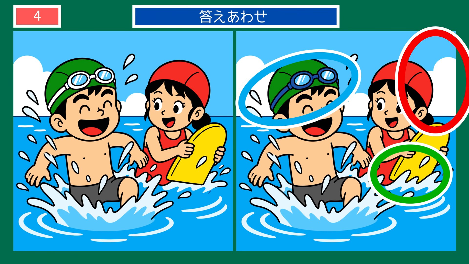 夏の風物詩の間違い探し 第4問 海で遊ぶ子どもたちの答え