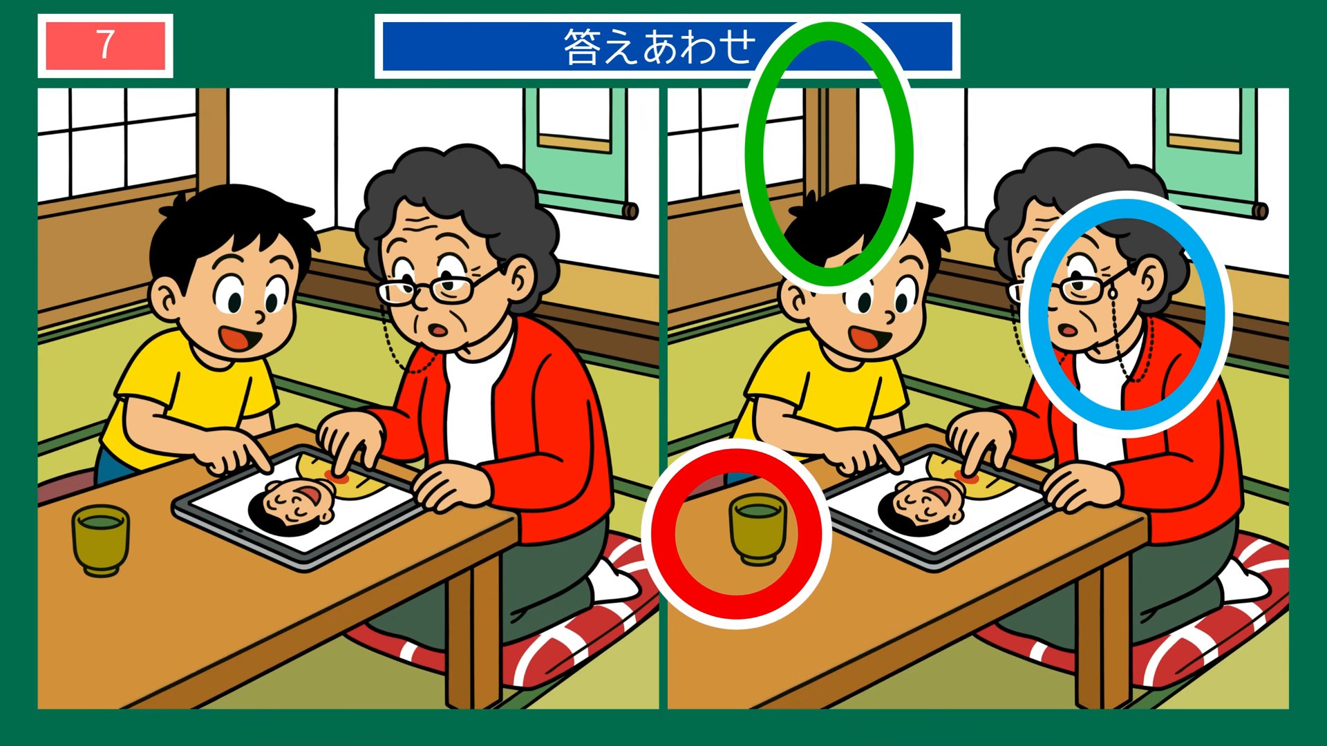 夏の風景の間違い探し 第7問 祖母と孫の食卓の答え