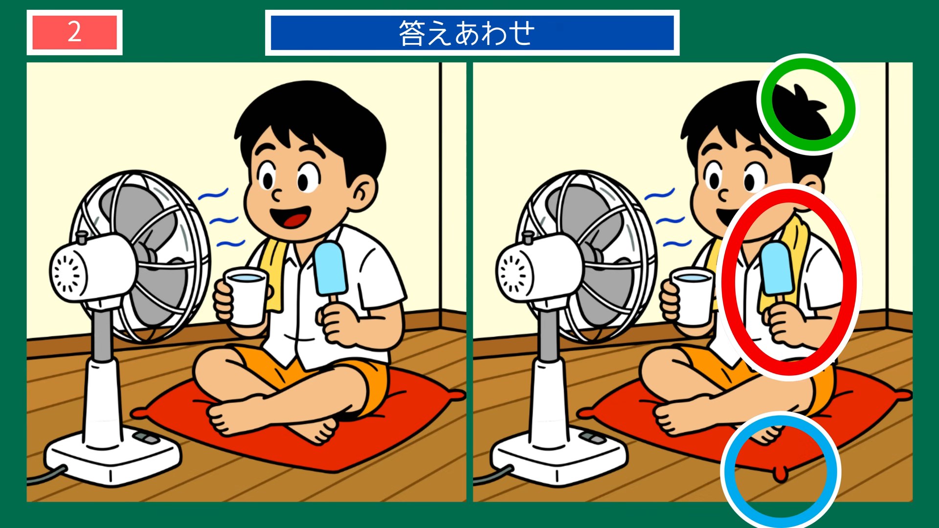 夏の風景の間違い探し 第2問 扇風機の前での答え