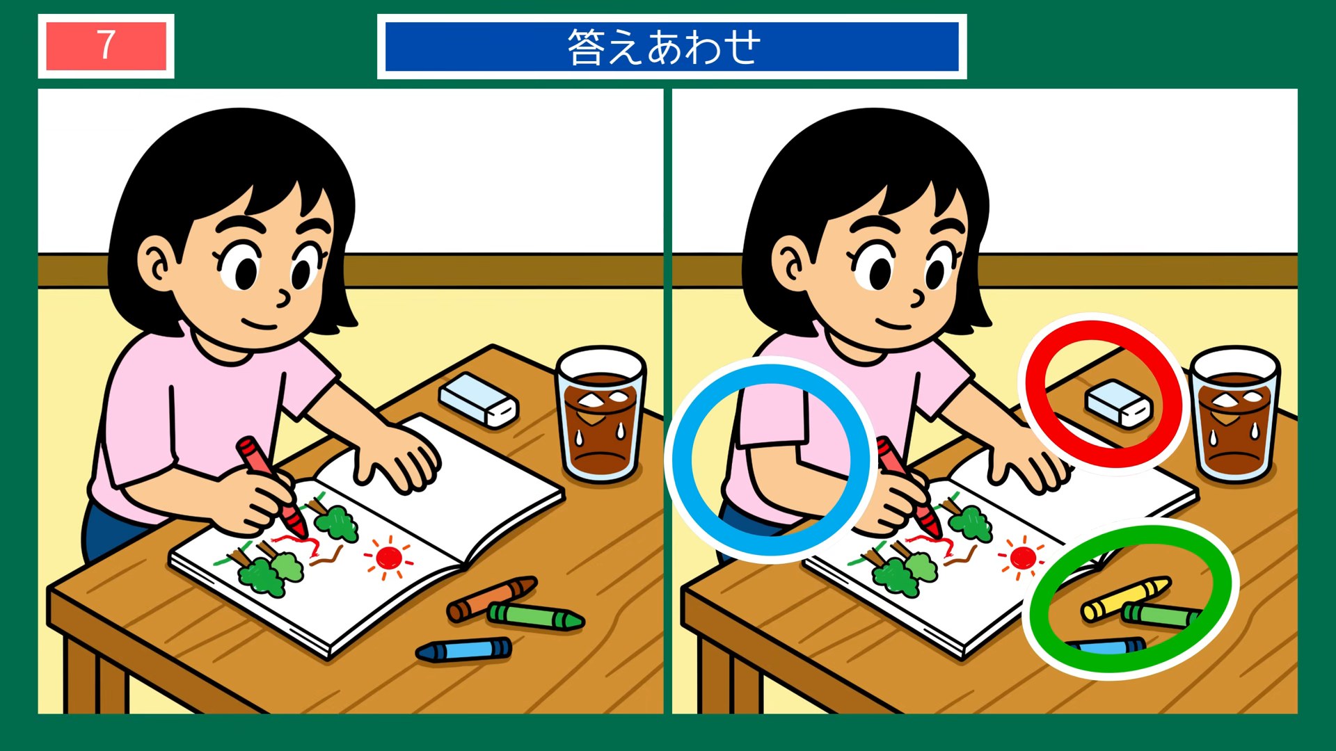 夏の風物詩の間違い探し 第7問 クレヨンで絵を描くの答え