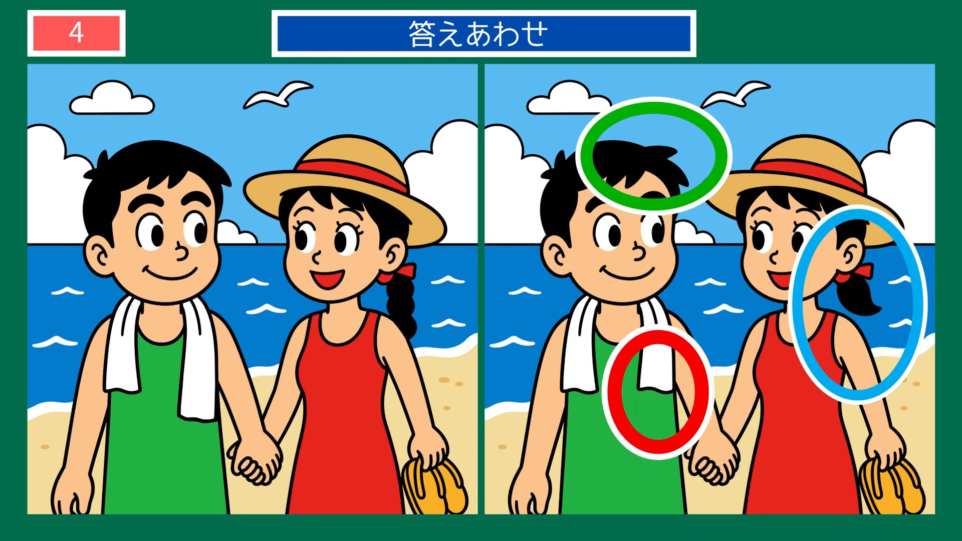 夏の風物詩の間違い探し 第4問 海辺の散歩の答え
