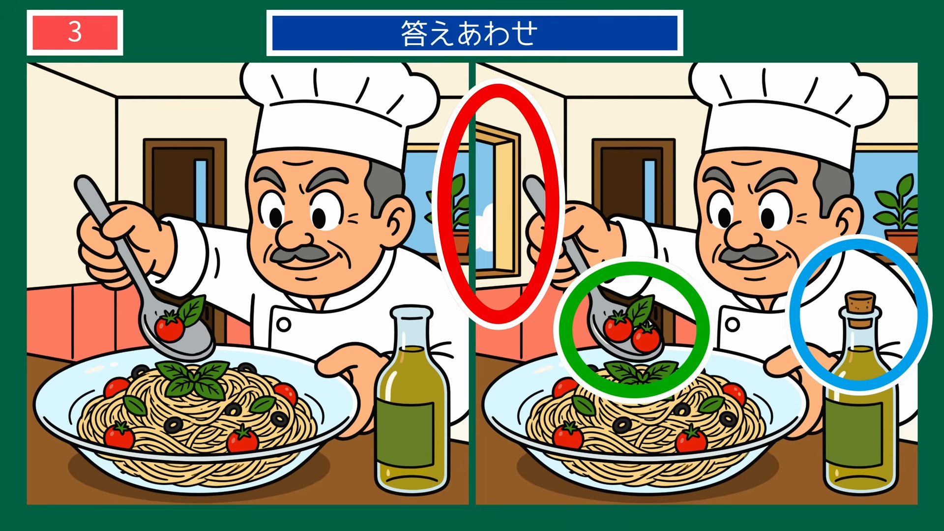 夏のひとこまの間違い探し 第3問 パスタを仕上げるシェフの答え
