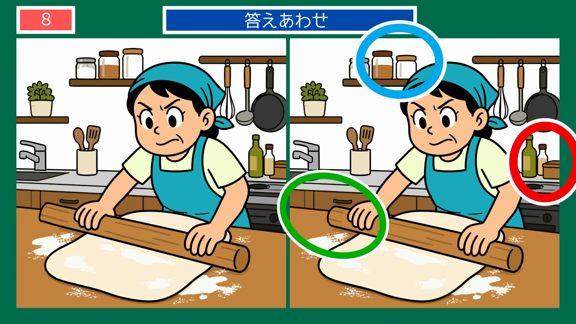 夏の一日の間違い探し【無料プリント】全1 第8問 うどん生地を伸ばすの答え