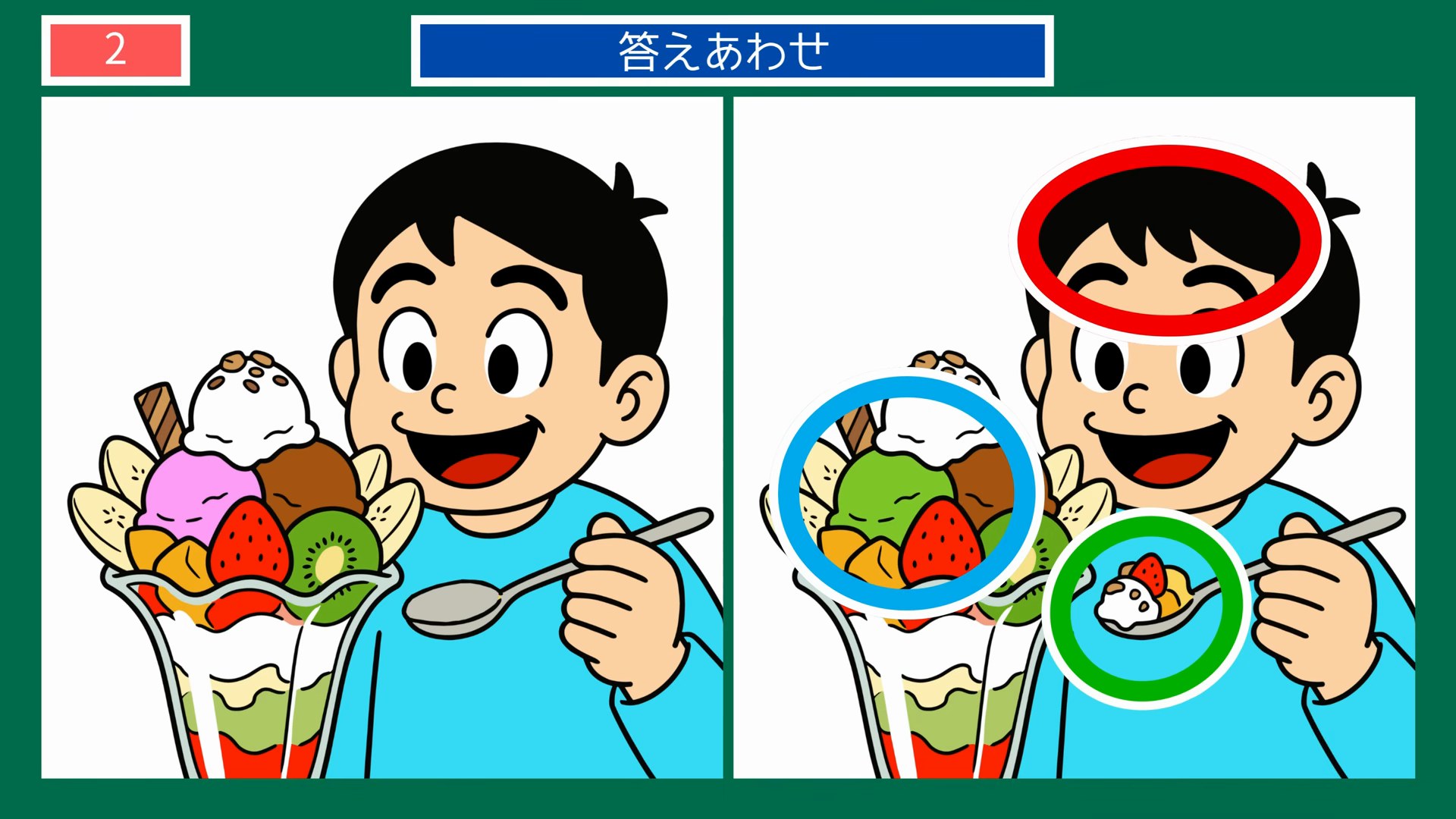 夏の一日の間違い探し【無料プリント】全1 第2問 フルーツパフェの答え