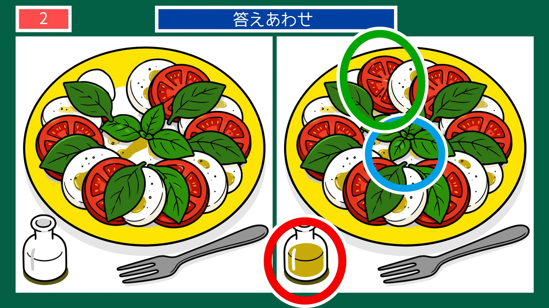 夏の楽しみの間違い探し 第2問 トマトとチーズの前菜の答え