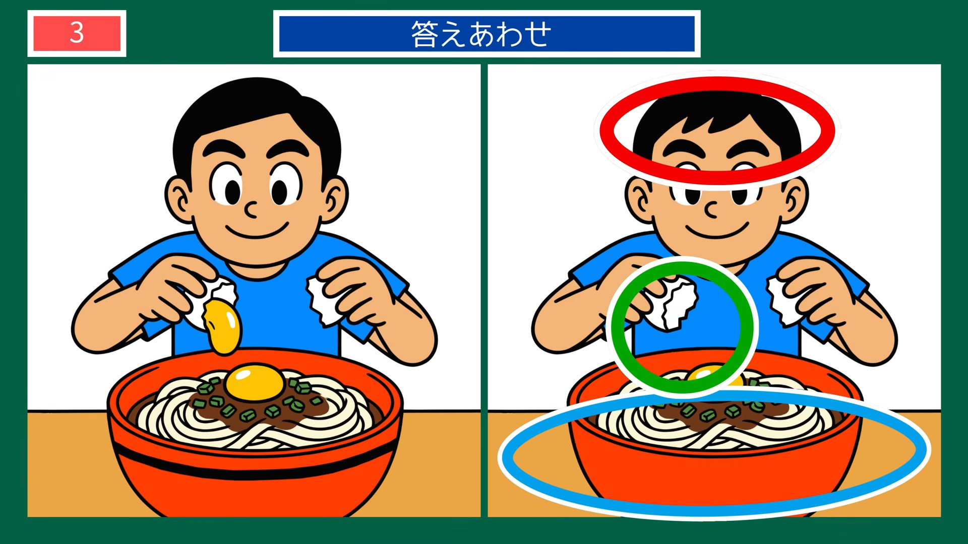夏の楽しみの間違い探し 第3問 冷やしうどんに卵を落とすの答え