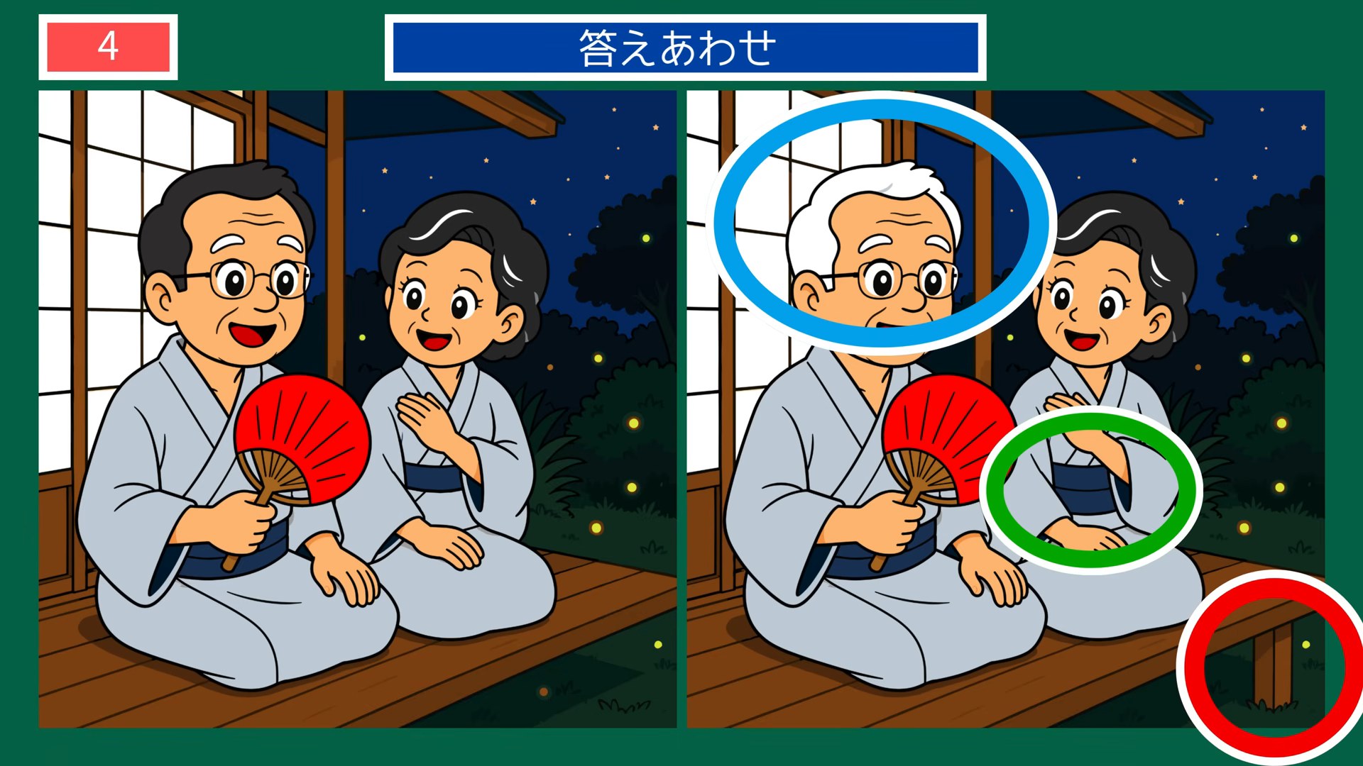夏の楽しみの間違い探し 第4問 縁側の夕涼みの答え