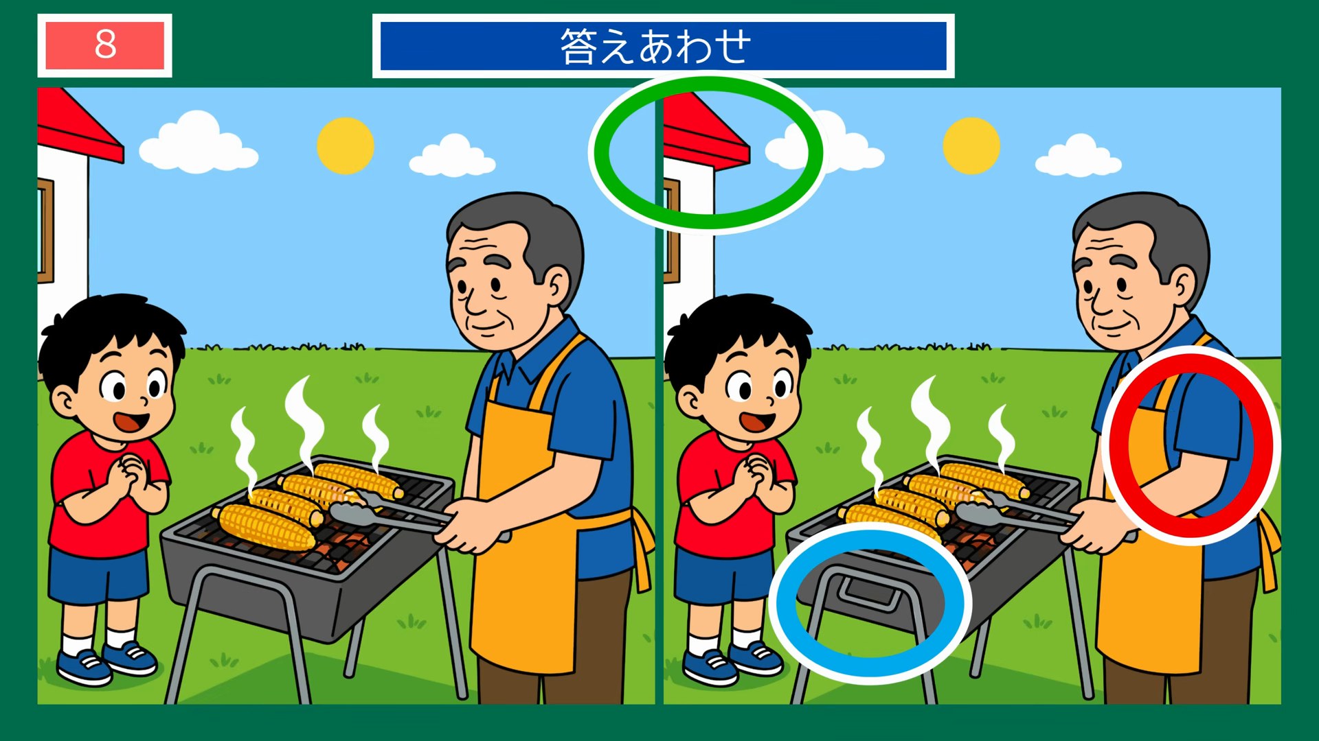夏の思い出の間違い探し 第8問 庭でとうもろこしのバーベキューの答え