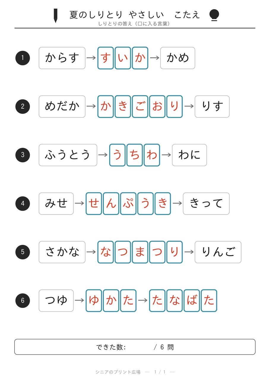 夏のしりとり やさしい 答えカラー版