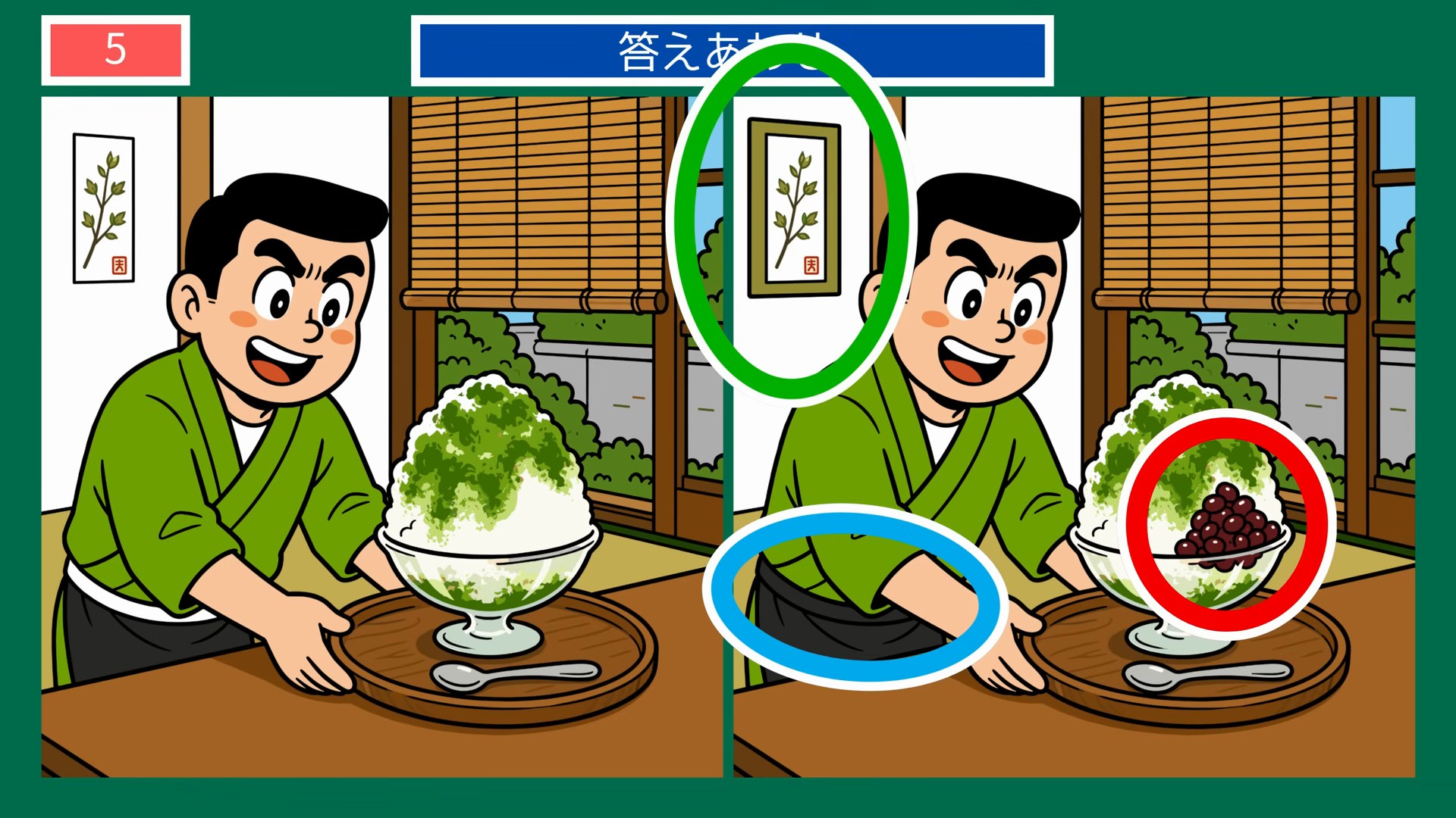 なつかしい暮らしの間違い探し 第5問 抹茶かき氷を運ぶ店員の答え