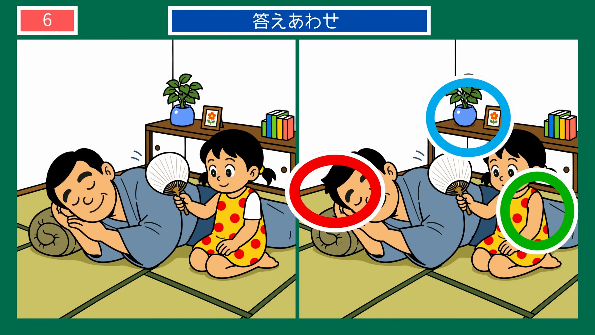 なつかしい暮らしの間違い探し 第6問 うちわで扇ぐ孫と昼寝のおじいさんの答え
