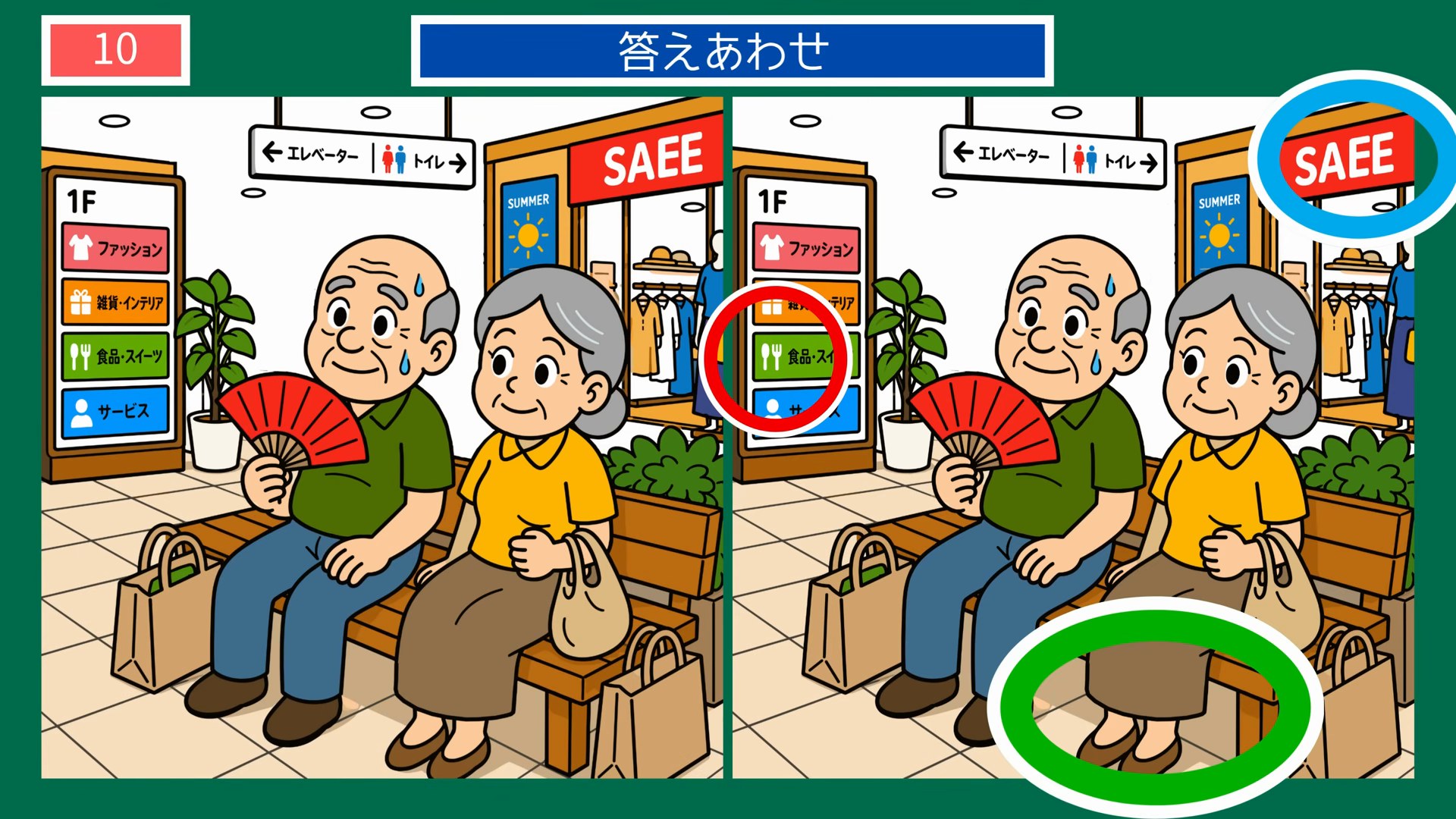 なつかしい暮らしの間違い探し 第10問 デパートのベンチに座る老夫婦の答え